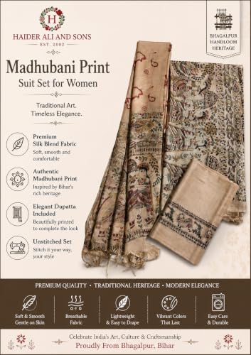 Image of HAIDER ALI AND SONS Madhubani Print Unstitched Suit Set for Women | Silk Blend Dress Material with Dupatta | Ethnic Salwar Suit Fabric | Traditional Indian Wear | Festival, Office | Brown