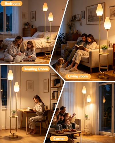 Image of Lightdot 63IN Gold Floor Lamp with Shelf Mid Century Tall Standing Lamps with Rock-Shaped Bulb Included Modern Floor Lamp with 5Lbs Heavy Base for Living Room /Party /Sofa Beside /Corner Decor