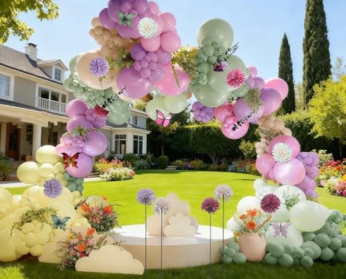 Image of Green Pink Purple Balloon Arch Double Stuffed Pink Yellow Sand White Balloon Garland with Bionic Flower Leaf Butterfly Stickers for Spring Birthday Garden Wildflower Baby Shower Easter Party Decor