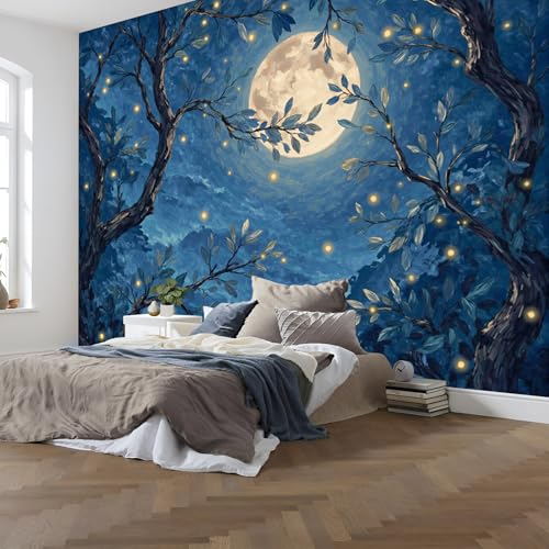 Mural 3D Luna Llena Azul 200x140 cm en Seda para Pared 5