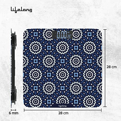 Image of Lifelong Azure Weighing Scale (LLWS72 Indian Cultural Series - Gujarat)|Digital Weight Machine for Body Weight|6mm Thick Tempered Glass with LCD Display|Bathroom Weighing Scale (Blue)