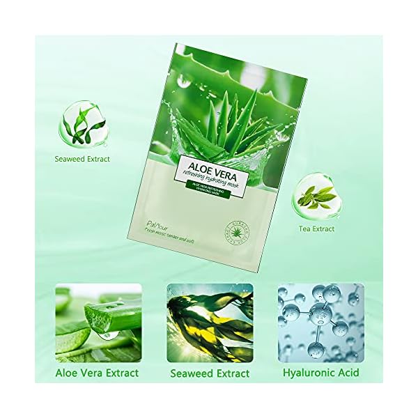 Aloe Facial Skincare Sheet Hydrating Moisturizing Revitalizing Facial Skincare Sheet for Dry, Oily, Sensitive and Tired Skin 25ml/0.8oz, Pack of 10