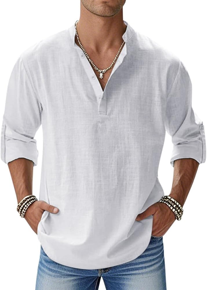 Oanviso Uomo Camicia in Cotone e Lino Maniche Lunghe con Bottoni Casual Henley Shirt in Tinta Unita Elegante Camicie Estiva per Beach Spiaggia A Bianco XS Oanviso Uomo Camicia in Cotone e Lino Maniche Lunghe con Bottoni Casual Henley Shirt in Tinta Unita Elegante Camicie Estiva per Beach Spiaggia A Bianco XS