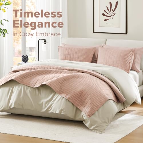 Comfort Spaces Kienna Quilt Set- Double Sided Stitching Design Summer Blanket, Lightweight, Soft, All Season Bedding Layer, Matching Sham, Blush, Coverlet Full/Queen(90"x90") 3 Piece