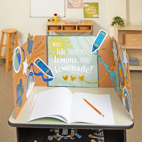Image of Really Good Stuff - 163200BL Standard Privacy Shields for Student Desks - Set of 12 - Matte - Study Carrel Reduces Distractions - Keep Eyes from Wandering During Tests, Blue with School Supplies Pattern | Ages 4+, PreK+, Create a Distraction-Free Learning Environment, Glossy Finish, Desk Dividers for Students