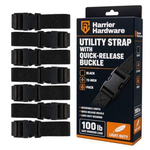 Harrier Hardware Utility Strap with Quick-Release Buckle Black 72-Inch 6-Pack