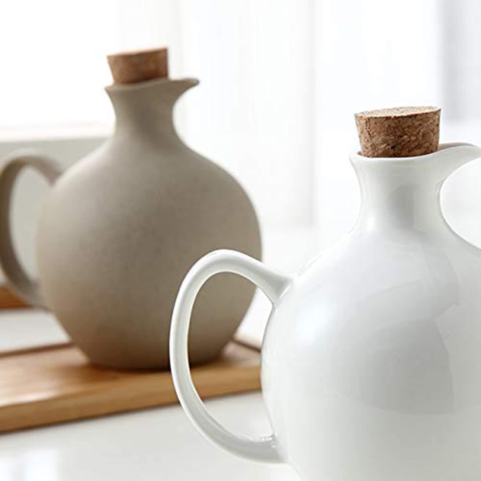 Juego de dispensadores de aceite y vinagre de cerámica vintage, 2 botellas de barro de 500 ml, elegantes recipientes de condimentos de cocina, acabado mate para cocinar y cenar en casa