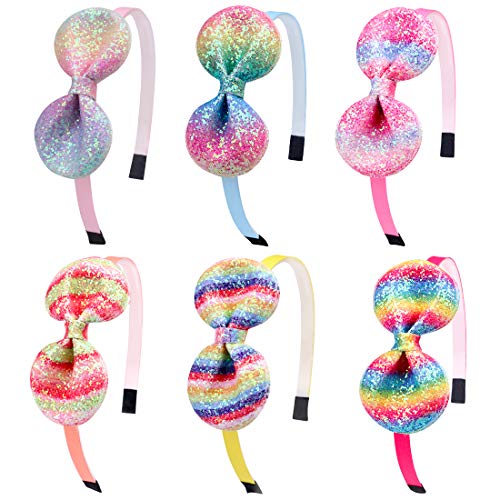 6 Pcs Girls Glitter Headbands Rainbow Fashion Head Bands 4 Inch Big Bows Gradient Color Knotted Hairband Shiny Sparkle Child Headband Little Girls