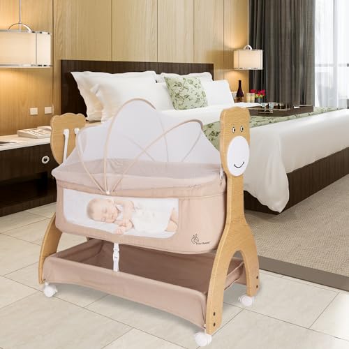 Image of R for Rabbit Lullabies Woodsy 2 in 1 Manual Swing Wooden Cradle Newborn Baby Convertible Cot Bassinet with Mosquito Net, Lockable Wheels & Storage Space for Kids 0-12 Months, Upto 12 Kg (Beige)