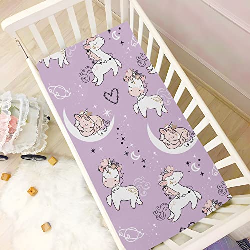 Image of Fitted Crib Sheets Purple Cute Unicorn Stretchy Portable Playard Sheets for Baby Toddler, Breathable Soft Mini Crib Mattress 52 x 28 in for Boys and Girls