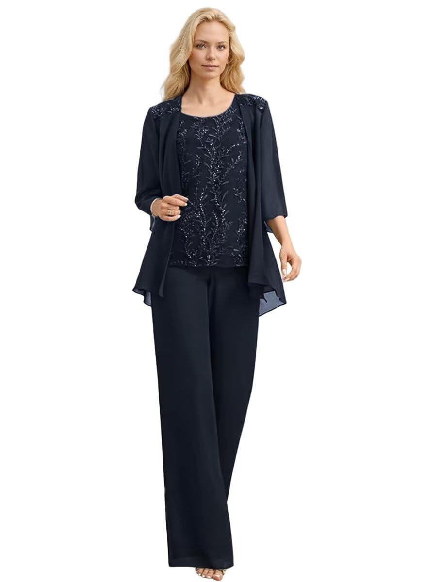 3 Pieces Mother of The Bride Pant Suits Long Laces Appliques 3 4 Sleeves Chiffon Mother of The