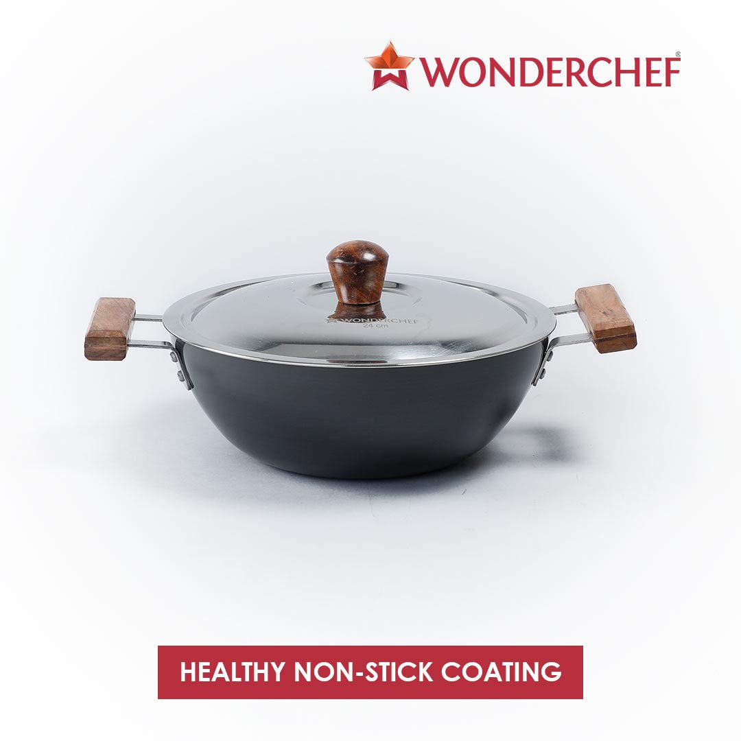 Wonderchef Ebony Hard Anodized Wok with Lid - 24cm, 2.7L | Ideal for Biryani, Pulao | Black - Image 2 thumbnail