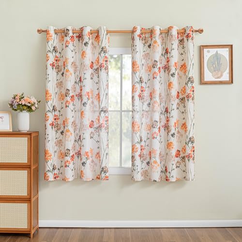 Image of MYSKY HOME Orange Semi Sheer Floral Curtains Linen Printed Drapes,Light Filtering Flower Print Grommet for Living Room Bedroom Farmhouse Decor,52x63 Inch,2pcs