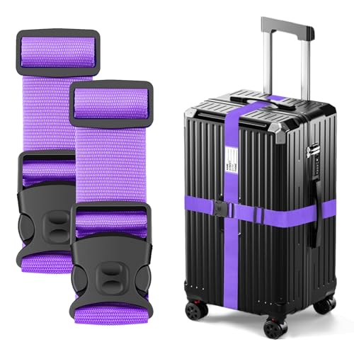 Image of BILIONE Luggage Straps Adjustable Suitcase Belt, Lockable Against Accidental Opening, Easy to Identify Travel Accessories, Add a Bag Connector Holds Suitcase (Lucky Purple, 2 Pack)