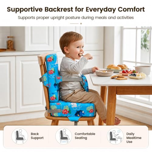 Image of Booster Seat for Kitchen Chair, Upgrade Toddler Booster Seat for Table | 3.5 inch High Density Foam Toddler Booster Seat for Dining Table with 4 inch Backrest, Front Safety Buckle, Travel Booster Chair