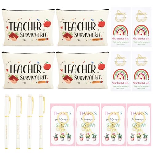 16PCS Teacher Appreciation Gifts Bulk Teacher Gifts Makeup Bags Survival Kit Appreciation Week Keychain Apple Bookmarks Pens for women