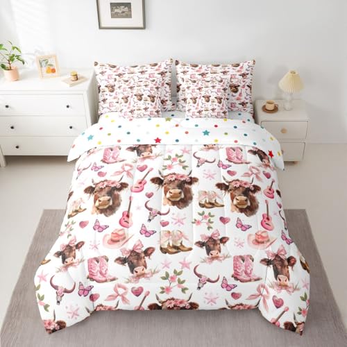 Image of Bow Highland Cow King Size Bedding Sets with Sheets,Comforter,Pillowcases,Pillow Covers 7 Pcs Cartoon Butterfly Heart Flowers Romantic Comforter Set Pink Cowboy Boots Southwestern Bedroom Dorm Bed Set