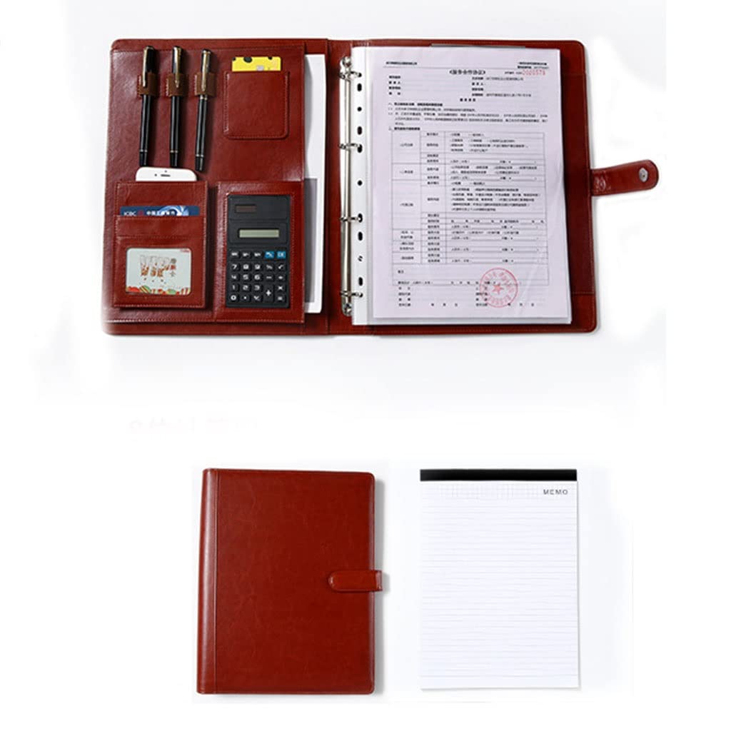 A4 Skórzany teczka na dokumenty, teczka na dokumenty Padfolio z pierścieniem kalkulatorowym stylowy teczka na wywiady ze skóry PU na spotkanie biznesowe biuro szkoła