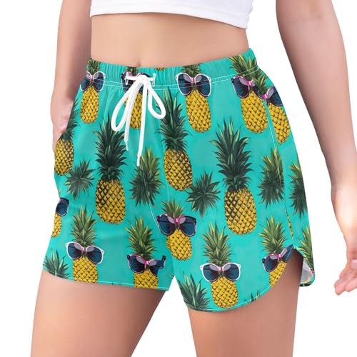 KFBE Women's Athletic Shorts Tropical Pineapple Gym Short Ladies Workout Shorts Elastic with Pockets M 20849183