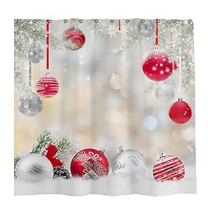 Allenjoy 72×72 inch Winter Christmas Shower Curtain Set with 12 Hooks Bokeh White Red Snowball Green Pine Trees Happy…