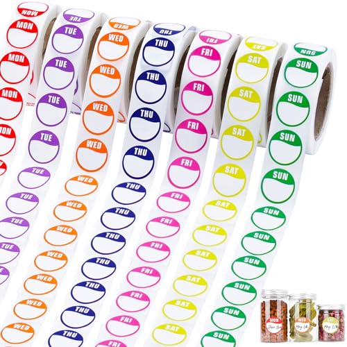Days of The Week Stickers 3500 Food Labels Stickers Circular Full Week Day Dots Food Labels Day Dots Food Labels Removable Labels for Jars(All 7 Days Included 500 Labels per Roll)