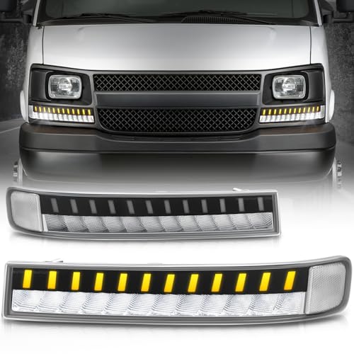 Auto Dynasty Full LED Front Bumper Parking Turn Signal Light Assembly Compatible with Chevrolet Express GMC Savana 1500 2500 3500 2003-2023, 3-Stage Animation Boot-up, Chrome Housing Clear Corner