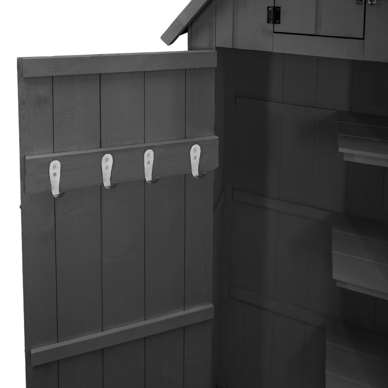 Cobertizo de Jardín de Madera Gris Almacenamiento Almacenaje Caseta Exterior Organizador Herramientas Jardin Estantes Esquina Ganchos para Colgar Sobre Puertas Candado llaves + Kit Fijación GRATIS