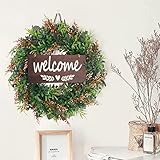 18in Artificial Green Wreath for Front Door with Welcome Sign Red Flower Fall Christmas Wreath Gypso