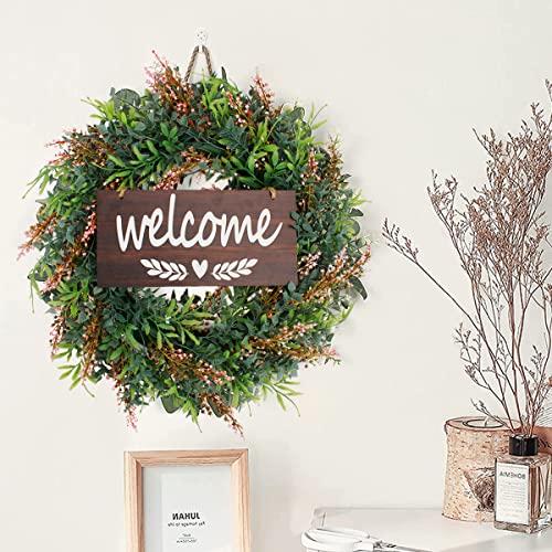 18In Artificial Green Wreath For Front Door With Welcome Sign Red Flower Fall Christmas Wreath Gypsophila Green Leaves Wreath For Window Home Porch Farmhouse Patio Garden Party Decor #TOP1