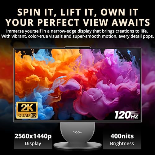 Image of Lenovo Yoga All-in-One Desktop AI PC, 27 inch QHD IPS+120Hz Display, Intel Ultra 7 255H, 16GB LPDDR5X, 3TB Storage (2TB SSD+1TB Docking Station), Intel Arc GPU, Wi-Fi 7, Wireless Charging, Win 11, Gray