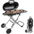 Giantex Gas Grill, Portable Propane Grill with 15,000 BTUs Burner, Side Table, 2 Wheels, Grease Tray, Metal Frame, Folding Stand-Up Propane Gas Grill for Outdoor Cooking Camping Barbecue (Black)