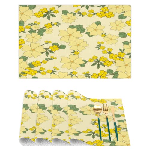 Juego de 4 manteles individuales florales de primavera, manteles individuales de PVC de flores amarillas, resistentes al calor, lavables y lavables para mesa de cocina, decoración de mesa