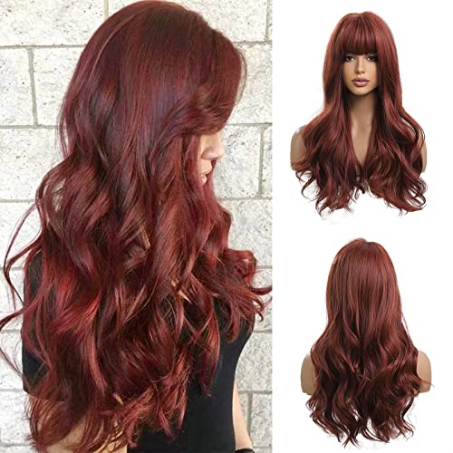 OUFEI Long Curly Reddish Brown Wig with Bangs Red Copper Wigs Natural Synthetic Hair Heat Resistant Wigs for Women Cosplay Party Wear