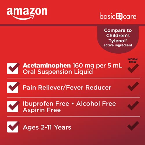 Image of Amazon Basic Care Children's Pain Reliever and Fever Reducer, Acetaminophen 160 mg per 5 ml, Bubblegum Flavor, for Headache and Sore Throat, Ages 2-11 Years, 4 fl oz (Pack of 2)
