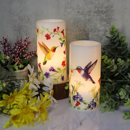 Image of Flameless Candles with Remote Timer, Hummingbird Floral LED Pillar Candles in Real Wax Holder, Battery Operated Candle for Easter Spring Decorations(2 Pack, 3 inch x 6 inch)