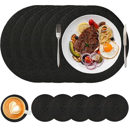 HNVNER Black Round Placemats and Coaster Set of 6, Woven Table Mats Washbale Heat Resistant Place Mats for Dining Table - Cosy Home Interiors HNVNER Black Round Placemats and Coaster Set of 6, Woven Table Mats Washbale Heat Resistant Place Mats for Dining Table