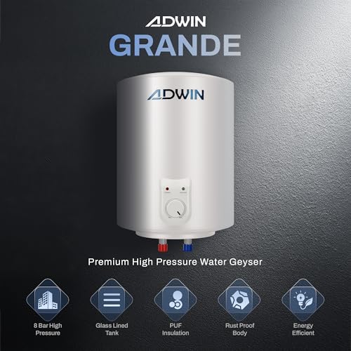 Image of ADWIN GRANDE 25L Storage Water Heater (Geyser) | Glass Lined Tank | 8 Bar High Pressure | Copper Heating Element | PUF Insulation | Hard Water Resistant | 2 Year Product & 7 Year Tank Warranty