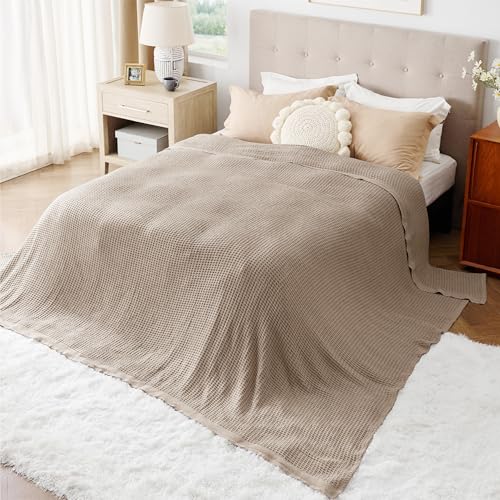 Image of Bedsure 100% Cotton Big Blanket Oversized King for Bed - Large Breathable Thick Cooling Waffle Weave Blanket for Summer, Couch Cover, Taupe, 120x94 inches