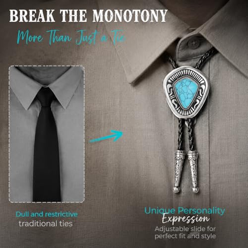 Image of Turquoise Bolo Tie for Men, Leather Braided Necktie Western Cowboy Bola Tie Costume Accessories for Men Women