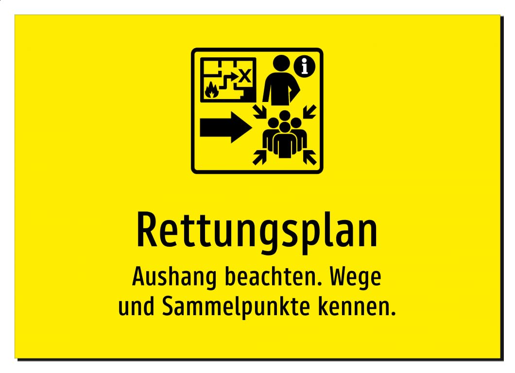 35997-DE-S-09 | Rettungsplan - Aushang beachten. Wege und Sammelpunkte | Aluminiumschild A2, 594 x 420mm | mit Symbolgrafik und Text