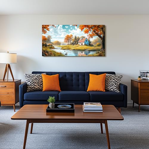 SERIMINO Nature Landscape Wall Art, Lakeside Farmhouse Canvas Large Artwork, Autumn Forest Cottage Scenic Wall Prints, Rustic Pictures Wall Decor Living Room Bedroom Bathroom Kitchen 24"X48"