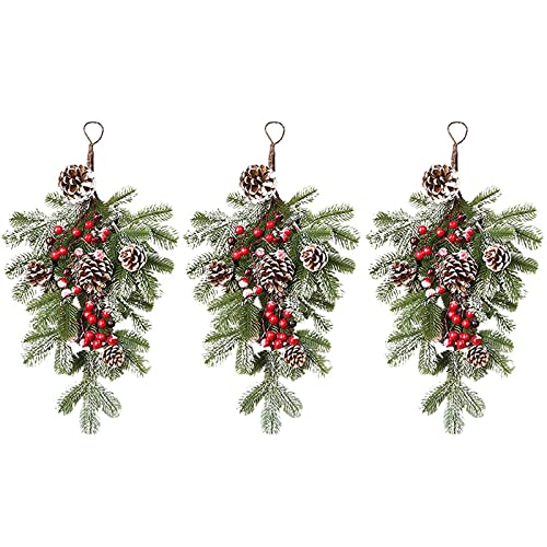 Guirnalda de flores artificiales con forma de gota de Navidad, guirnalda y piñas, guirnalda de flores artificiales con rojo artificial para vacaciones, pared, puerta, ventana (verde a, talla única)