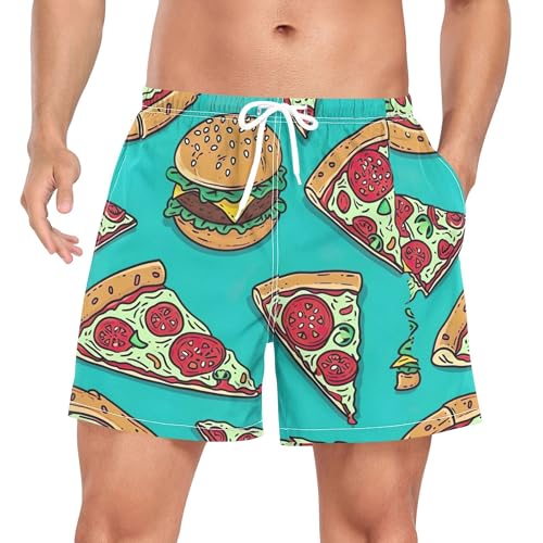 xigua Cartoon Pizza Mens Swim Trunks with Liner, 5 inch Quick Dry Mens Boardshorts for Beach