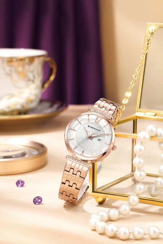 Image of Giordano Exquisite Analog Watch for Women with Round Cut Glass Textured Dial, Date Display Function, Quartz Movement and Stainless Steel Strap - GZ-60111
