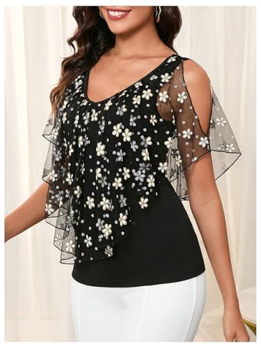 MakeMeChic Women's Floral Mesh Cold Shoulder Tees Top V Neck Cut Out Tee Shirt Tops3