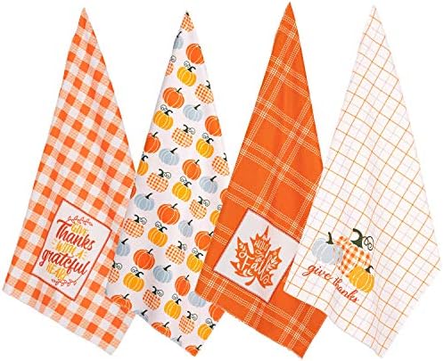 Whaline 4 Pack Thanksgiving Kitchen Towel Fall Harvest Dish Towel Super Absorbent Pumpkin Maple Leave Plaid Tea Towel Large Size Cloth Towel for Autumn Holiday Kitchen Coking Baking, 18 x 28 Inch
