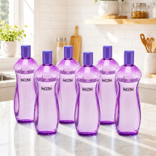 Image of Nayasa Loopy 1000 ML Pet Plastic Fridge Water Bottles Set of 6 | BPA Free | Leak Proof | Airtight Lid | Purple
