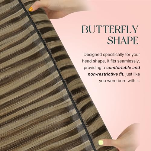 Image of Easyouth 100g Butterfly Weft Human Hair Extensions Brown, OVO Weft Hair Extensions Human Hair, Medium Brown Highlights Caramel Blonde, 18 Inch, Seamless, for Everyday Wear, Remy Human Hair