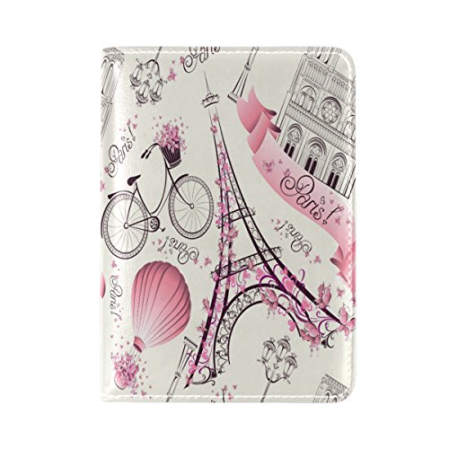 Pink France Eiffel Tower Bicycle Genuine Leather Passport Covers Holder Case Protector