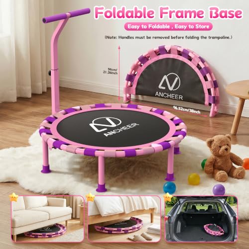 Image of ANCHEER 38 inch Toddler Trampoline for Kids, ASTM Certified Foldable Mini Trampoline with Adjustable Foam Handle, Indoor & Outdoor Kids Trampoline, Quiet Design, 200 LBS Capacity, Easy Assembly